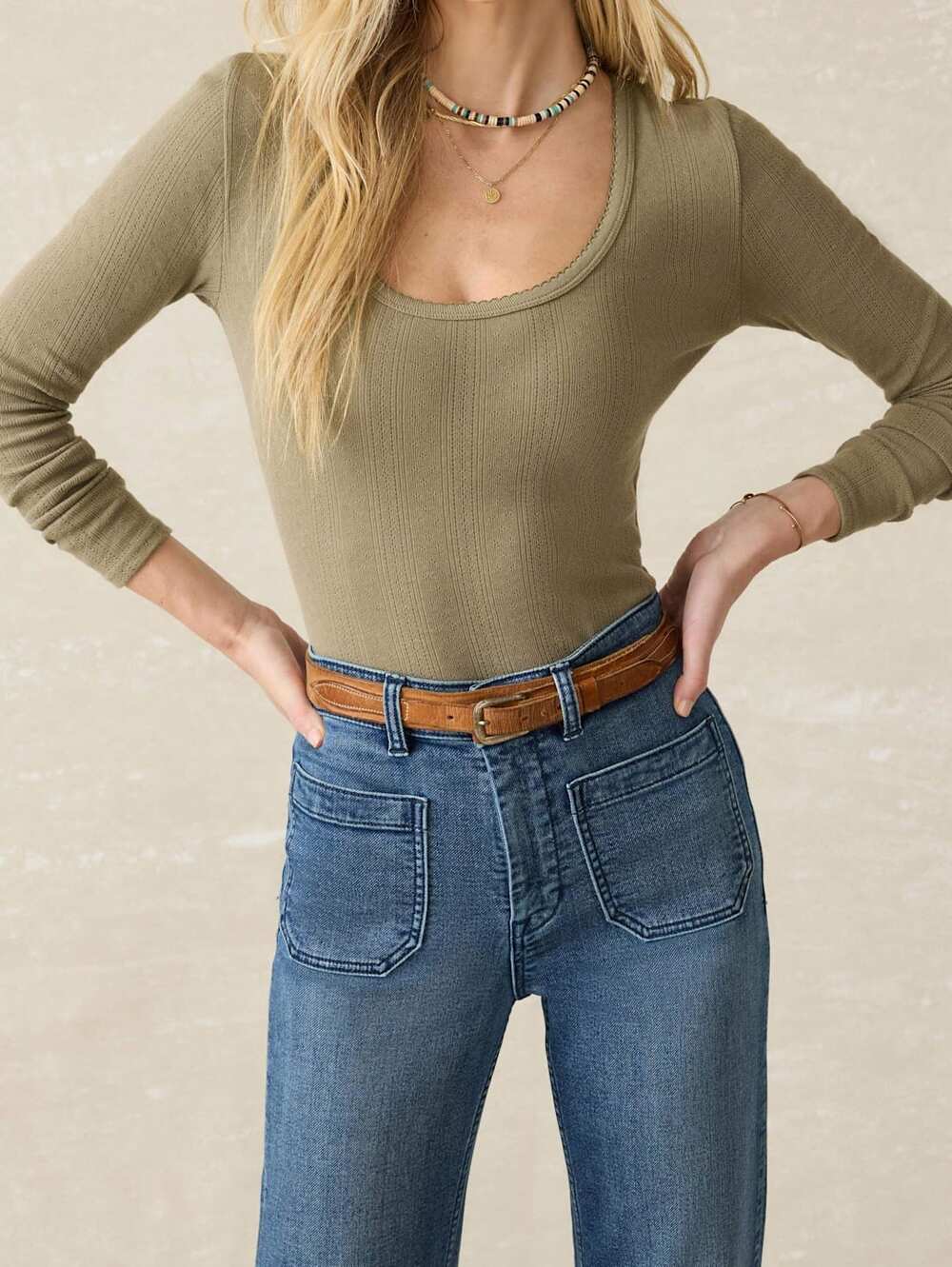 Faherty Green Tea Pacific Pointelle Scoop Neck Long Sleeve Top Womens Small